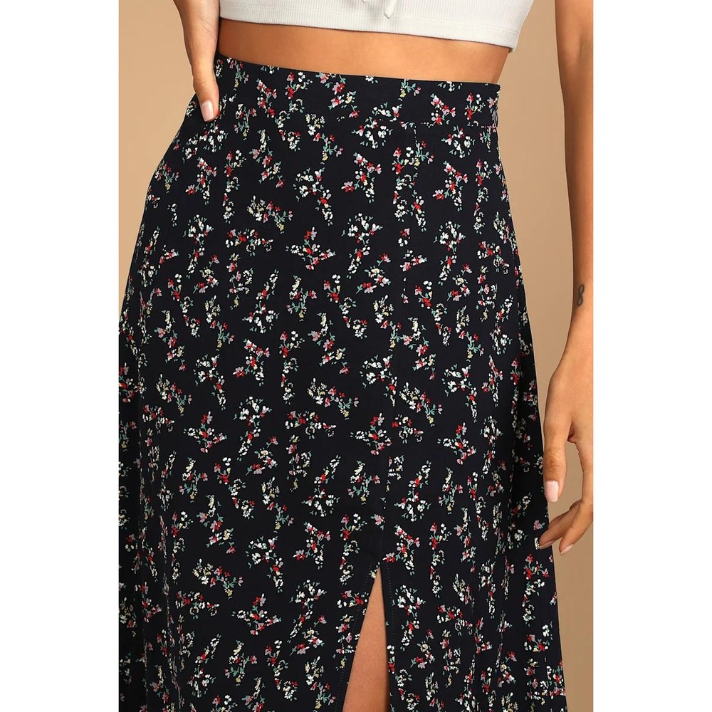 Lulus Bliss Me Navy Blue Floral Print Midi Skirt Size XL NWT - Picture 3 of 5